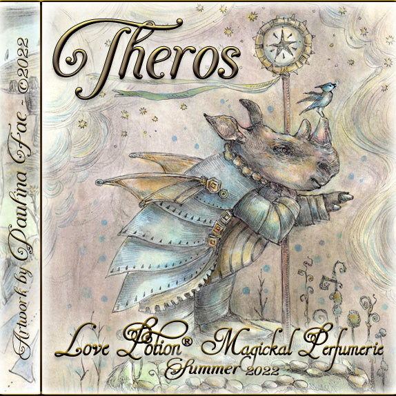 Image of perfume label featuring illustration by artist Paulina Fae of an armored rhino holding a staff.