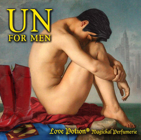 Love Potion: UN for Men label featuring a re-rendering of a classical nude, so that it looks like Superman.