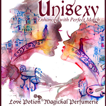 Love Potion: Unisexy label featuring watercolor painting of a kissing couple.