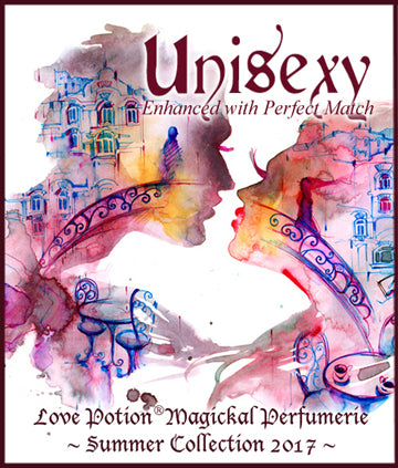 Love Potion: Unisexy label featuring watercolor painting of a kissing couple.