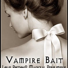 Love Potion: Vampire Bait label featuring an over the shoulder image of a lovely young woman with a bow around her neck.