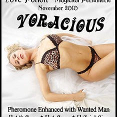 Love Potion: Voracious label featuring sexually ecstatic looking woman in leopard underwear reclining on white sheets.