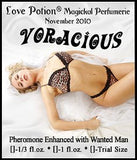 Love Potion: Voracious label featuring sexually ecstatic looking woman in leopard underwear reclining on white sheets.
