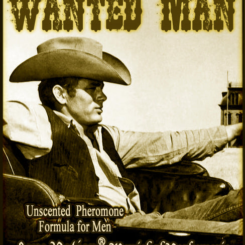 Love Potion: Wanted Man pheromone label featuring a man in a cowboy hat.