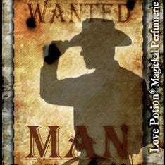 Love Potion: Wanted Man pheromone label featuring silhouette of cowboy on aged parchment wanted poster.