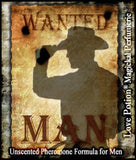 Love Potion: Wanted Man pheromone label featuring silhouette of cowboy on aged parchment wanted poster.