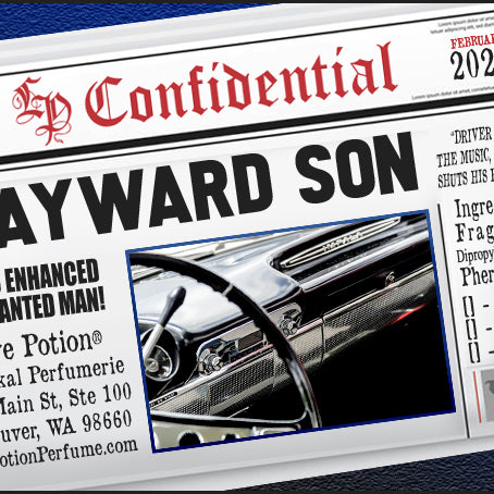 Image of Perfume Label featuring stylized newspaper headline with picture of a car dashboard. Feb 2021 Collection.