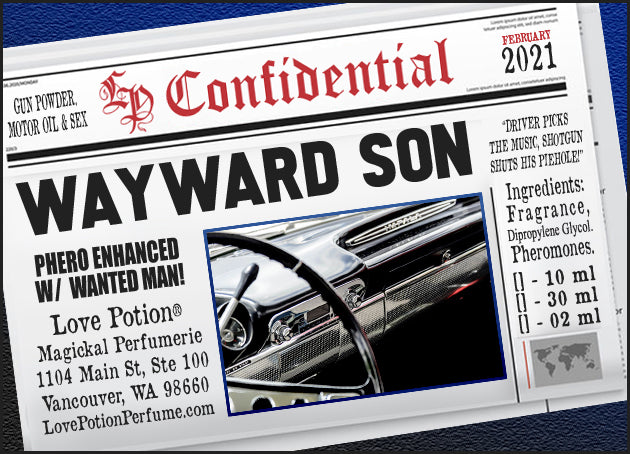 Image of Perfume Label featuring stylized newspaper headline with picture of a car dashboard. Feb 2021 Collection.