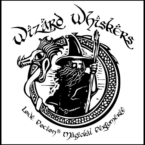 Product label image featuring a wood-cut style black ink drawing of a wizard, within a round frame of a snake eating it's tail.