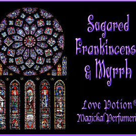 Love Potion: Sugared Frankincense & Myrrh label featuring stained glass church windows.