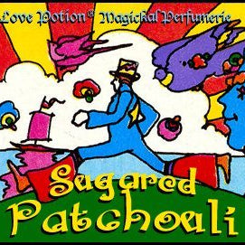 Love Potion: Sugared Pathcouli label featuring colorful psychedelic artwork of a striding man, by Peter Max.