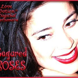 Love Potion: Sugared Roses label featuring the smiling face of a lovely woman.