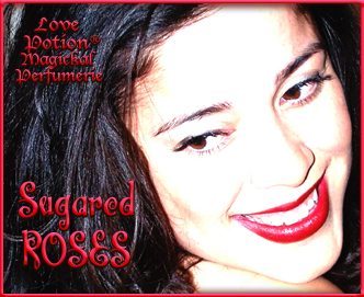 Love Potion: Sugared Roses label featuring the smiling face of a lovely woman.