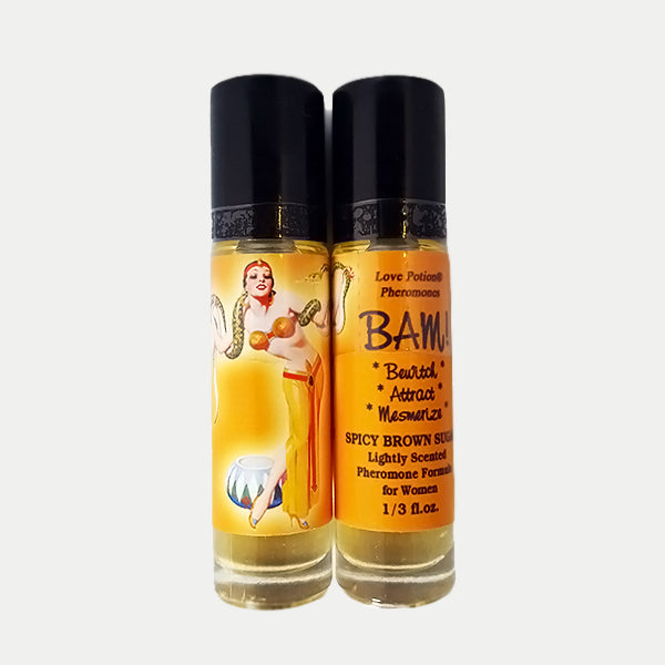 BAM pheromone oil with spicy brown sugar fragrance in a labeled roll-on application bottle.