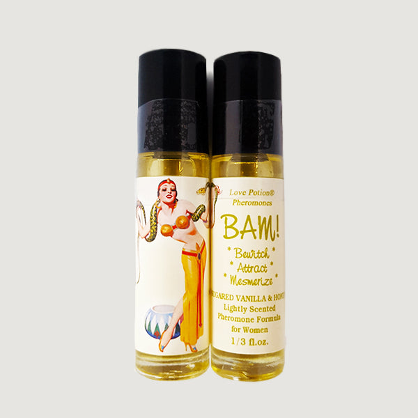 BAM pheromone oil with sugared vanilla and honey fragrance in a labeled roll-on application bottle.