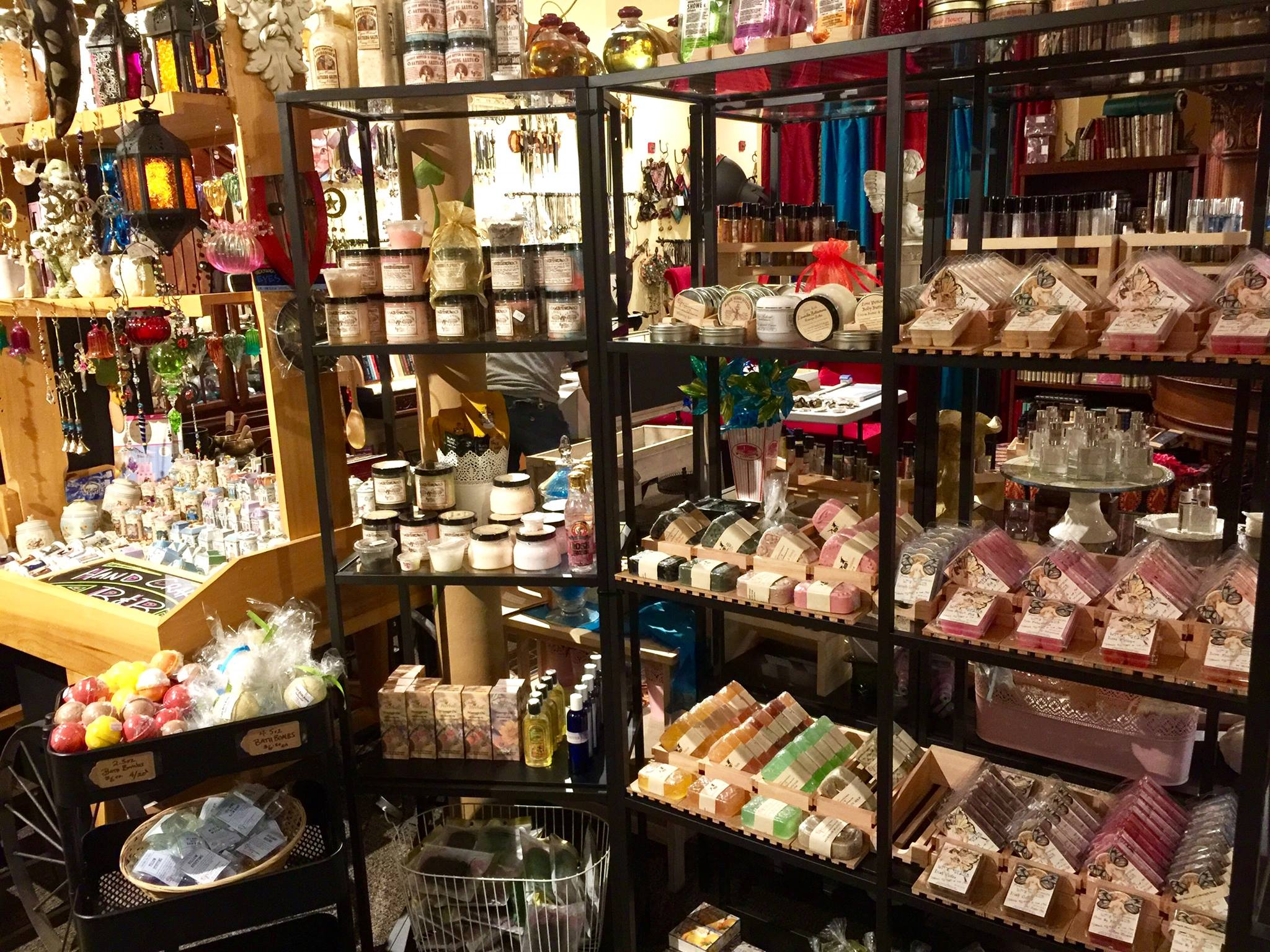 Shelves of various bath and body products available in our marketplace that feature Love Potion #9