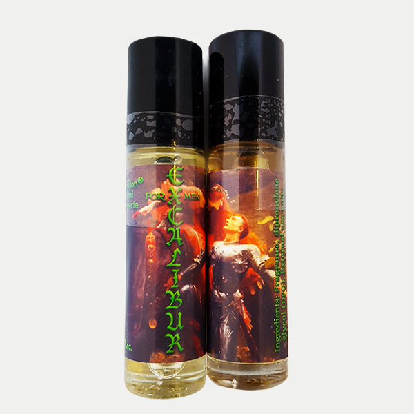 Love Potion perfume label featuring classical artwork of a beautiful damsel kissing a knight in armor, on glass product bottle.