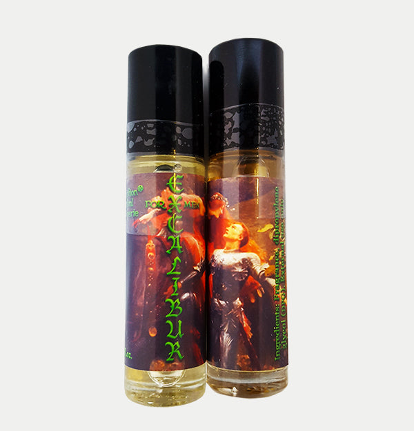 Love Potion perfume label featuring classical artwork of a beautiful damsel kissing a knight in armor, on glass product bottle.
