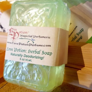 Love Potion naturally deodorizing essential oil herbal soap on display in our shop