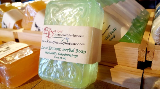 Love Potion naturally deodorizing essential oil herbal soap on display in our shop
