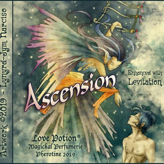 Love Potion: Ascension label, featuring winged woman beckoning earthly man into the sky, by artist Lynryd-Jym Narciso.