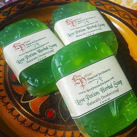 Love Potion herbal soap bars, which use essential oils eucalyptus, tea tree, and lavender to be naturally deodorizing.