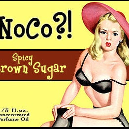 Love Potion: NoCo perfume label, featuring a cute pinup girl looking distressed that she ripped her stockings.