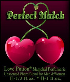 Love Potion Pheromone label featuring 2 cherries with entwined stems.