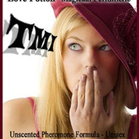 Image of Pheromone label: TMI, featuring a lovely woman with her hand over her mouth.