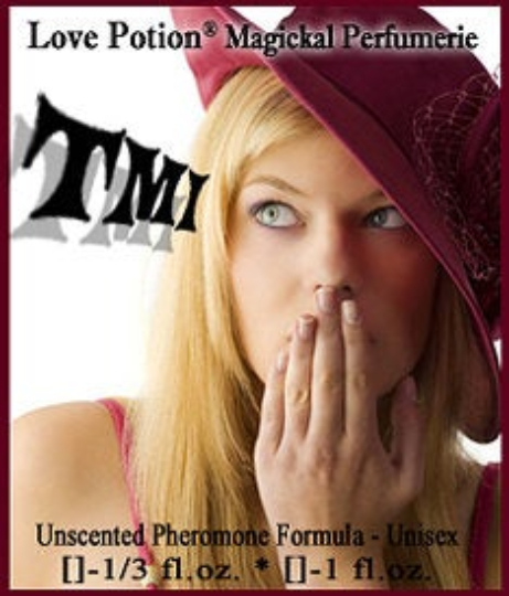 Image of Pheromone label: TMI, featuring a lovely woman with her hand over her mouth.