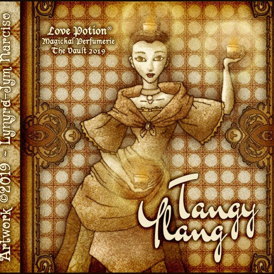 Love Potion: Tangy Ylang label, featuring a beautiful candle dancer, by artist Lynryd-Jym Narciso.