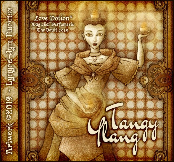 Love Potion: Tangy Ylang label, featuring a beautiful candle dancer, by artist Lynryd-Jym Narciso.