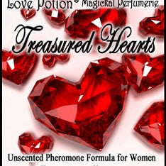 Love Potion:Treasured Hearts pheromone label featuring a scattering of beautiful red crystal hearts that look like previous gems.