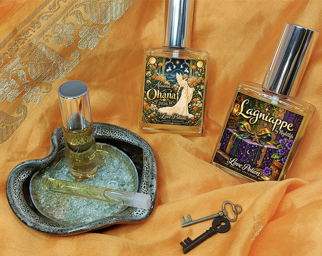 Private edition custom perfumes available for a limited time. Bottles are laying on orange fabric with keys.