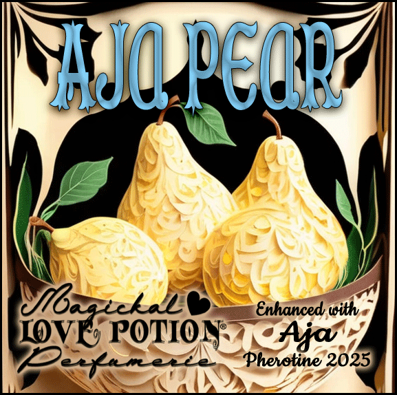 Aja Pear pheromone perfume mixes spring pears with warm honey and wood. Label shows golden pears in a bowl.