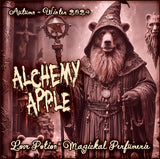 Alchemy Apple perfume combines apples with honey, ginger, and more. Label features a wizard bear holding a staff.