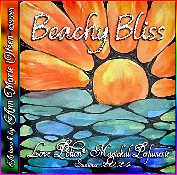 Beachy Bliss clean perfume combines juicy peach, mango, and pineapple. Label features a setting summer sun on the ocean.