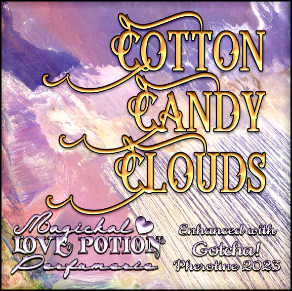 Cotton Candy Clouds with Gotcha light, watermelon pheromone perfume for women. Label shows pink and purple topography.