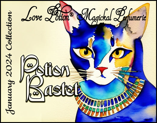Potion Bastet with Aja pheromone perfume melds together various sacred spices and honey. Label shows a watercolor cat.