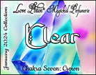 Clear Crown Chakra Potion perfume is an airy, herbal floral fragrance. Label shows a watercolor clear quartz.