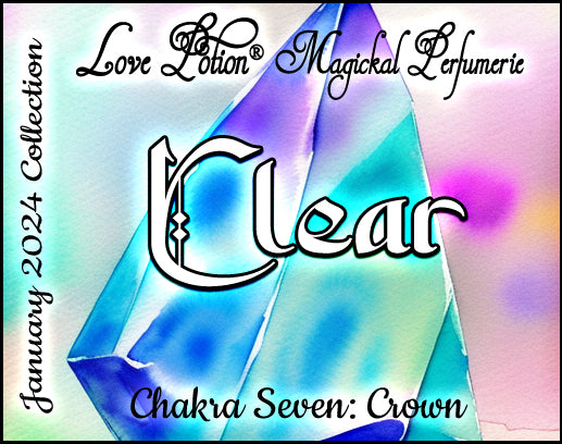 Clear Crown Chakra Potion perfume is an airy, herbal floral fragrance. Label shows a watercolor clear quartz.