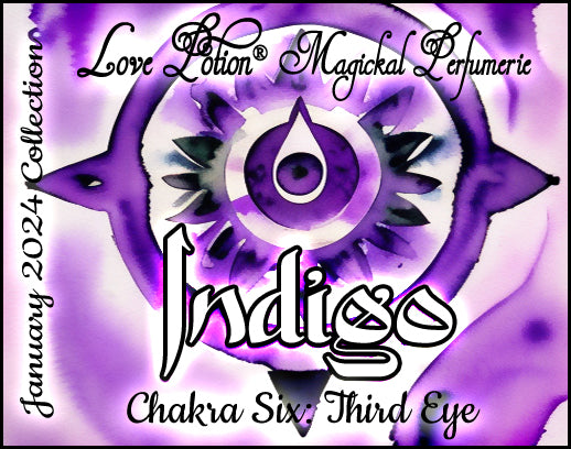 Indigo Third Eye Chakra Potion perfume offers a stimulating minty, lavender scent. Label shows a purple mandala.