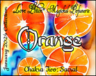 Orange Sacral Chakra Potion perfume offers a warm, woodsy, citrus fragrance. Label shows watercolor orange slices.
