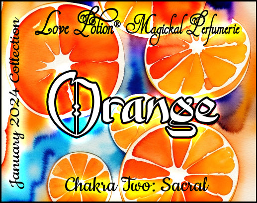 Orange Sacral Chakra Potion perfume offers a warm, woodsy, citrus fragrance. Label shows watercolor orange slices.