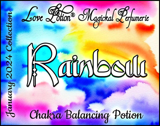 Rainbow Chakra Balancing Potion perfume smells like a citrus, resinous floral. Label shows rainbow clouds.