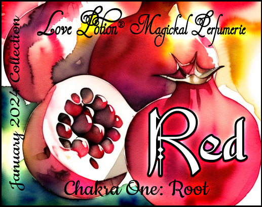 Red Root Chakra Potion perfume smells like ripe red fruit with earthy spices. Label shows watercolor pomegranates.