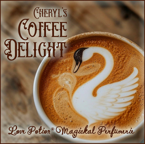 Coffee Delight perfume smells of sweet, slightly minty, strong coffee. The label art shows latte art of a swan in a cup.