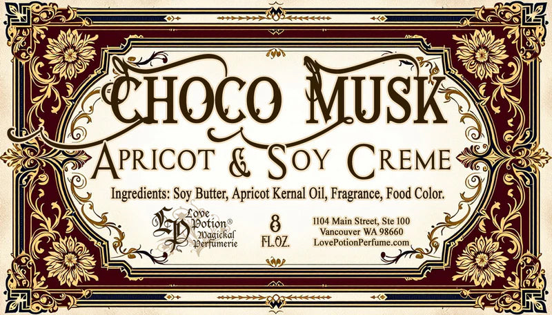 Decorative label for 'Choco Musk Apricot & Soy Creme' with elegant flower border design and text.