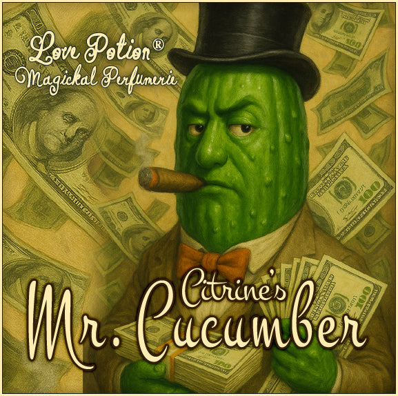 Mr. Cucumber features ingredients that attract wealth. The perfume label shows a cucumber man with money and a cigar.