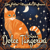 Citrine’s Dolce Tangerini custom perfume has tangerine, mandarin, cream, and sugars. Label shows an orange cat at night.